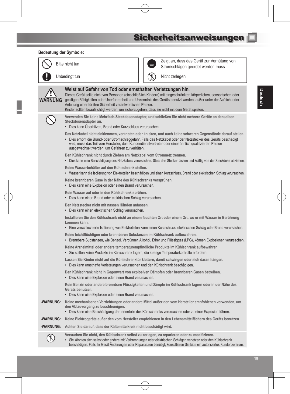Sicherheitsanweisungen | Panasonic NRB32FX2 User Manual | Page 19 / 180