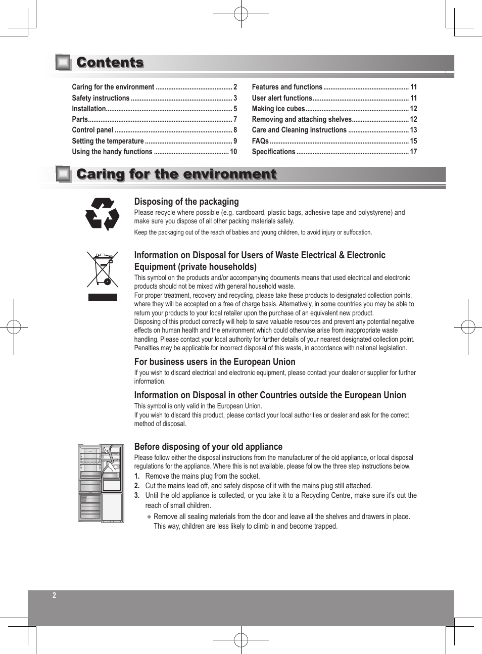 Caring for the environment contents | Panasonic NRB32FX2 User Manual | Page 2 / 180