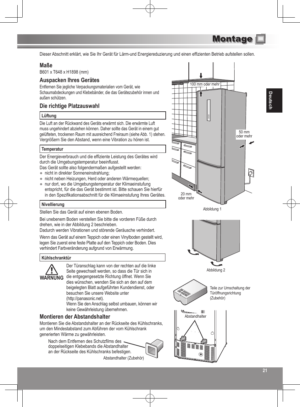 Montage, Maße, Auspacken ihres gerätes | Die richtige platzauswahl, Montieren der abstandshalter | Panasonic NRB32FX2 User Manual | Page 21 / 180