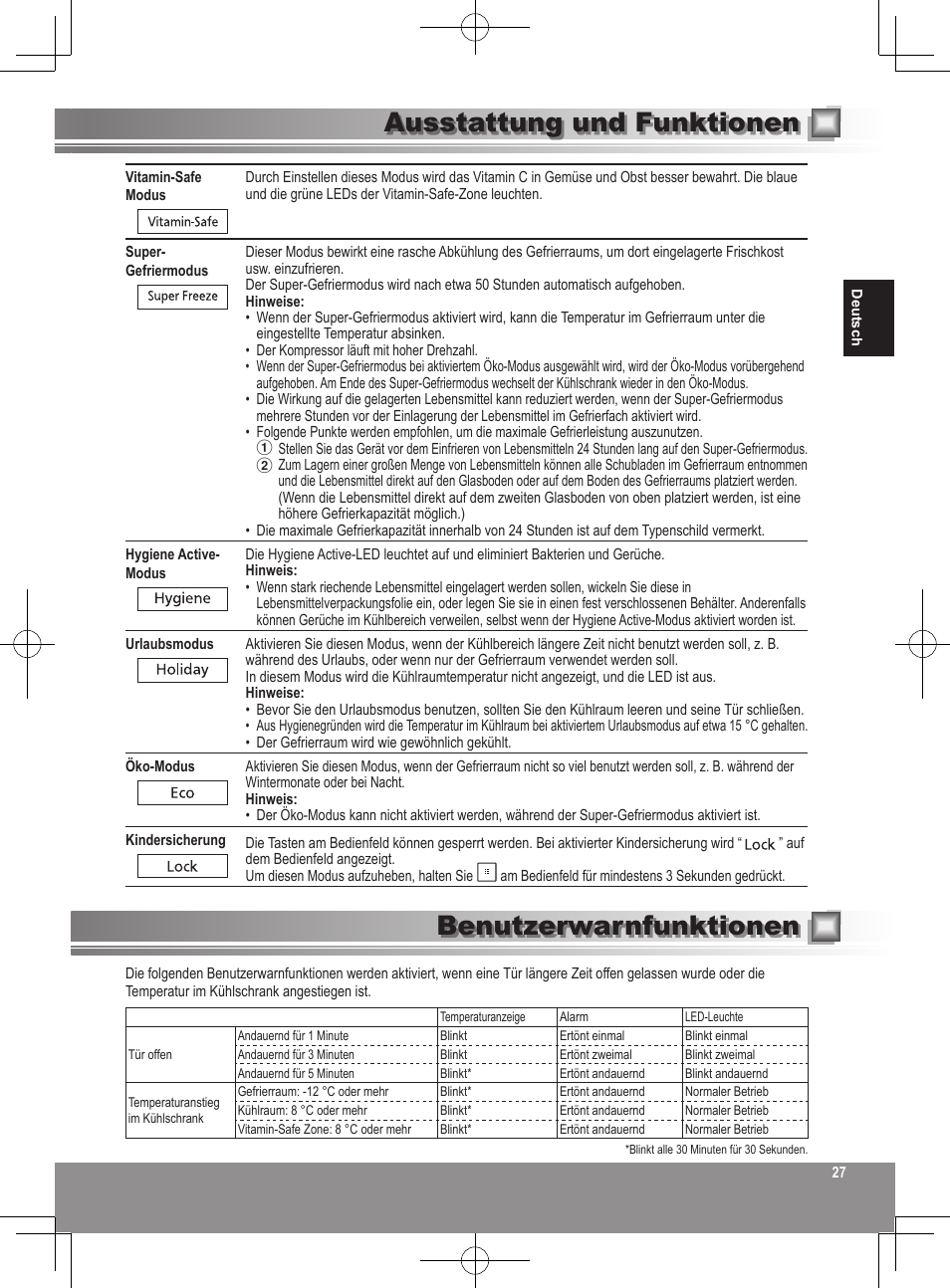 Ausstattung und funktionen, Benutzerwarnfunktionen | Panasonic NRB32FX2 User Manual | Page 27 / 180