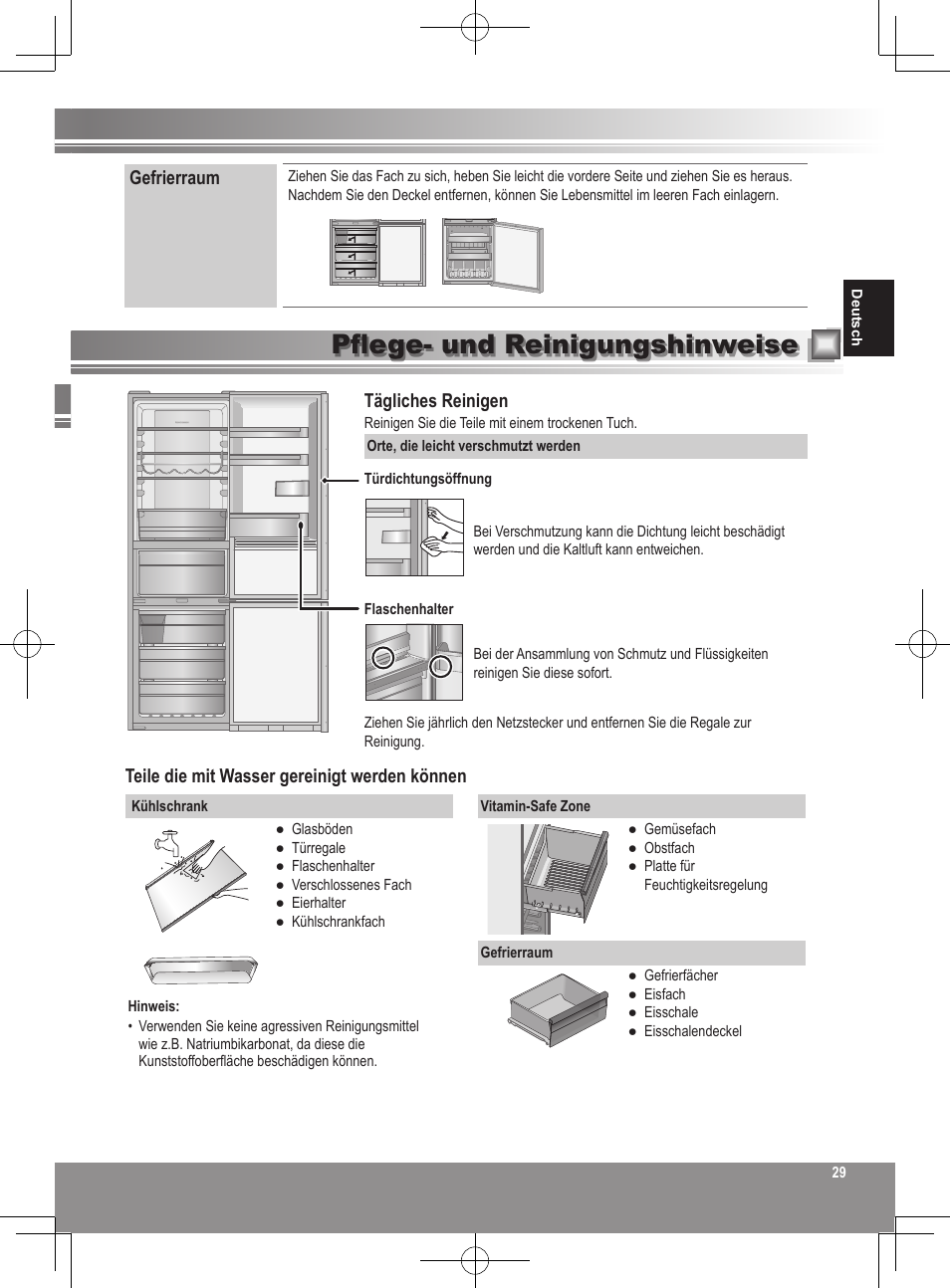 Pflege- und reinigungshinweise, Gefrierraum, Tägliches reinigen | Teile die mit wasser gereinigt werden können | Panasonic NRB32FX2 User Manual | Page 29 / 180