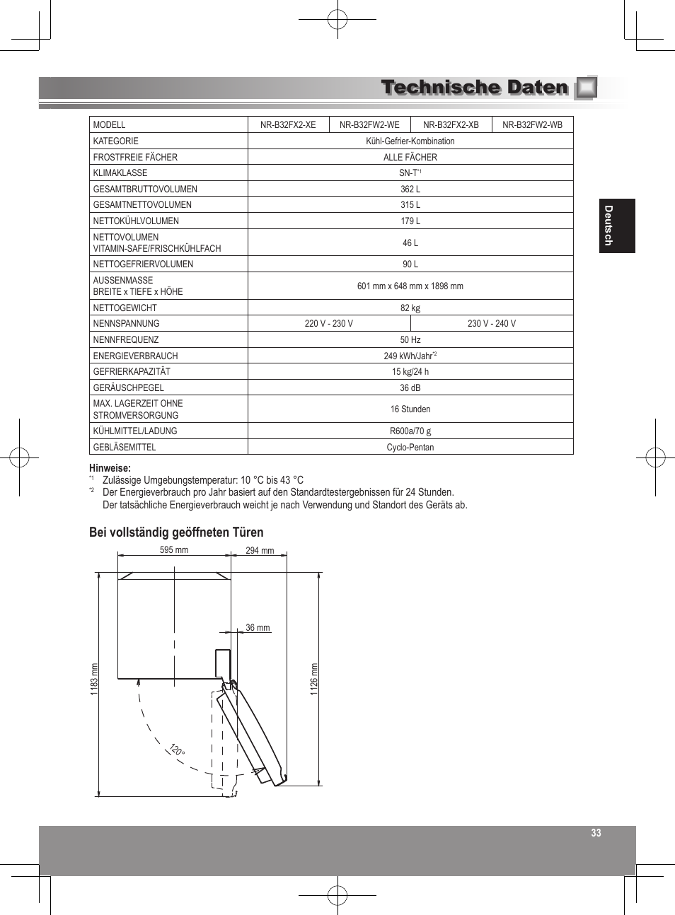 Technische daten, Bei vollständig geöffneten türen | Panasonic NRB32FX2 User Manual | Page 33 / 180