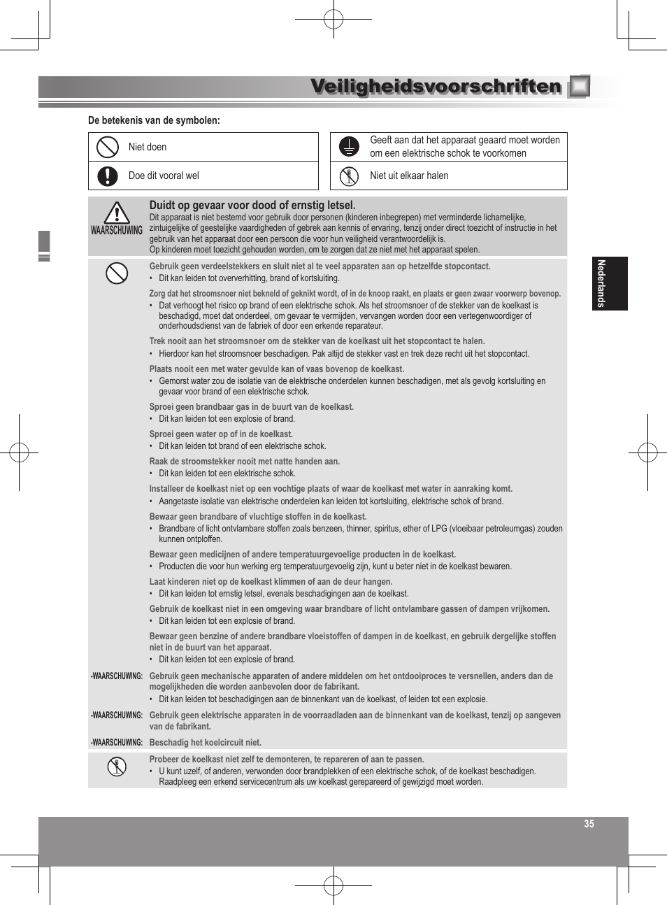 Veiligheidsvoorschriften | Panasonic NRB32FX2 User Manual | Page 35 / 180