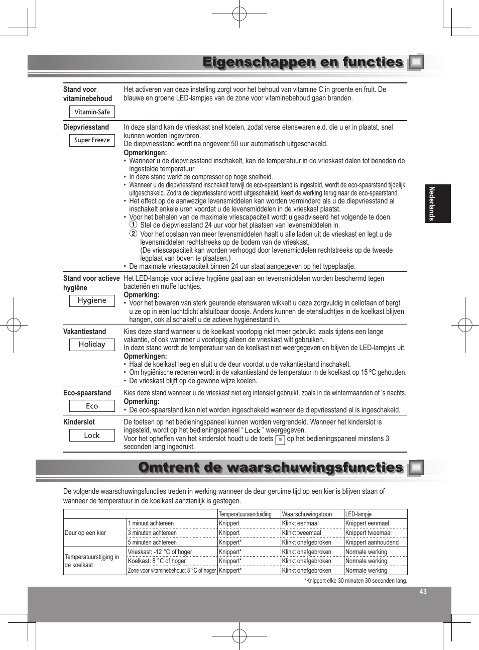 Eigenschappen en functies, Omtrent de waarschuwingsfuncties | Panasonic NRB32FX2 User Manual | Page 43 / 180