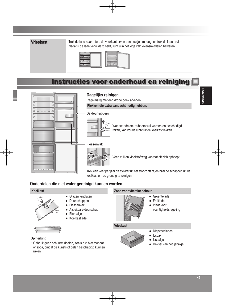 Instructies voor onderhoud en reiniging, Vrieskast, Dagelijks reinigen | Onderdelen die met water gereinigd kunnen worden | Panasonic NRB32FX2 User Manual | Page 45 / 180