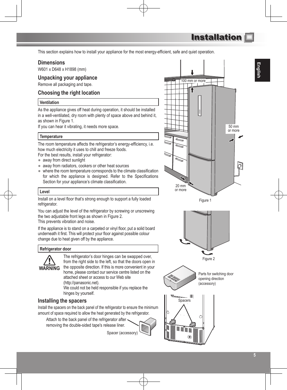 Installation, Dimensions, Unpacking your appliance | Choosing the right location, Installing the spacers | Panasonic NRB32FX2 User Manual | Page 5 / 180
