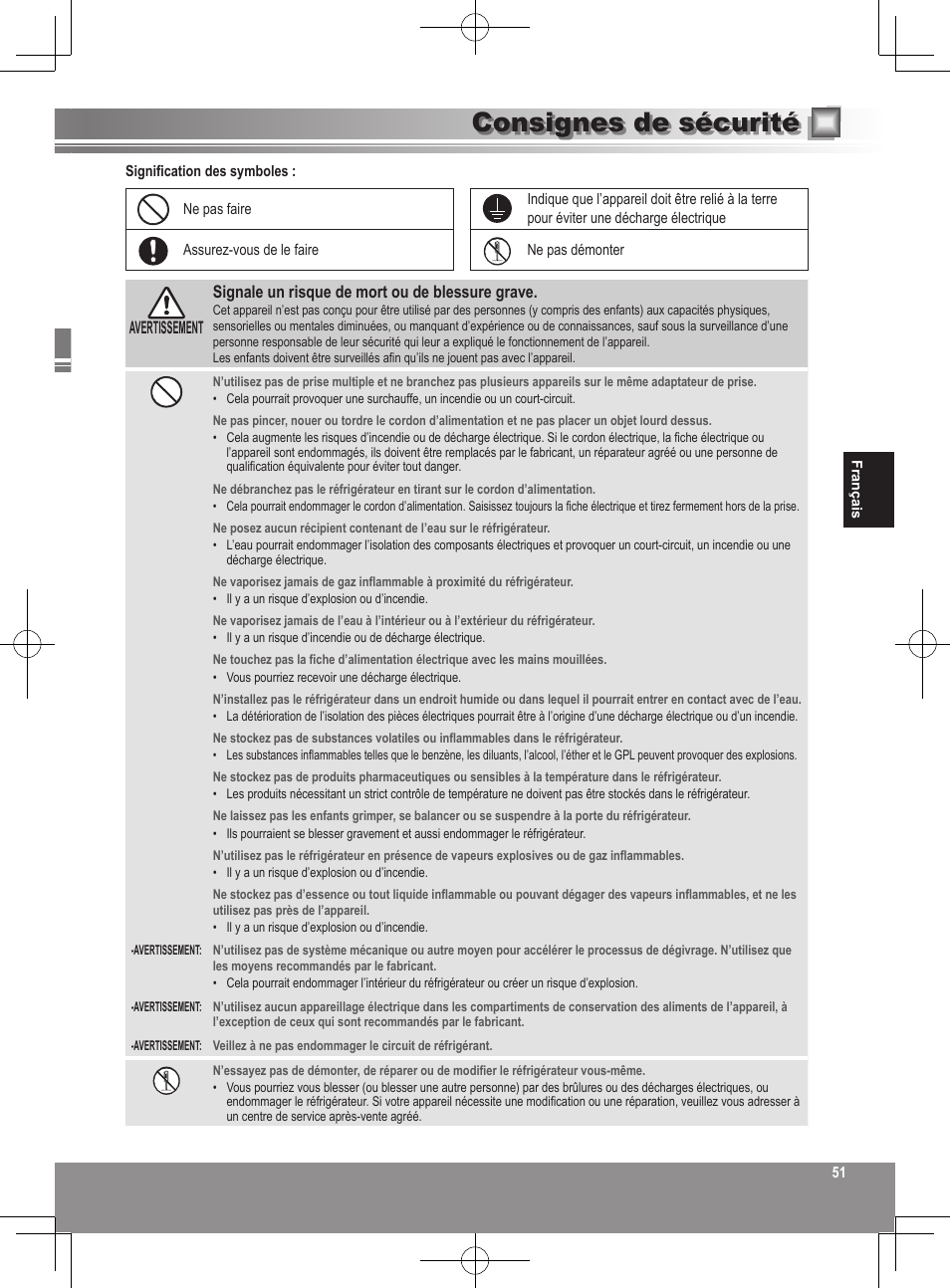 Consignes de sécurité | Panasonic NRB32FX2 User Manual | Page 51 / 180