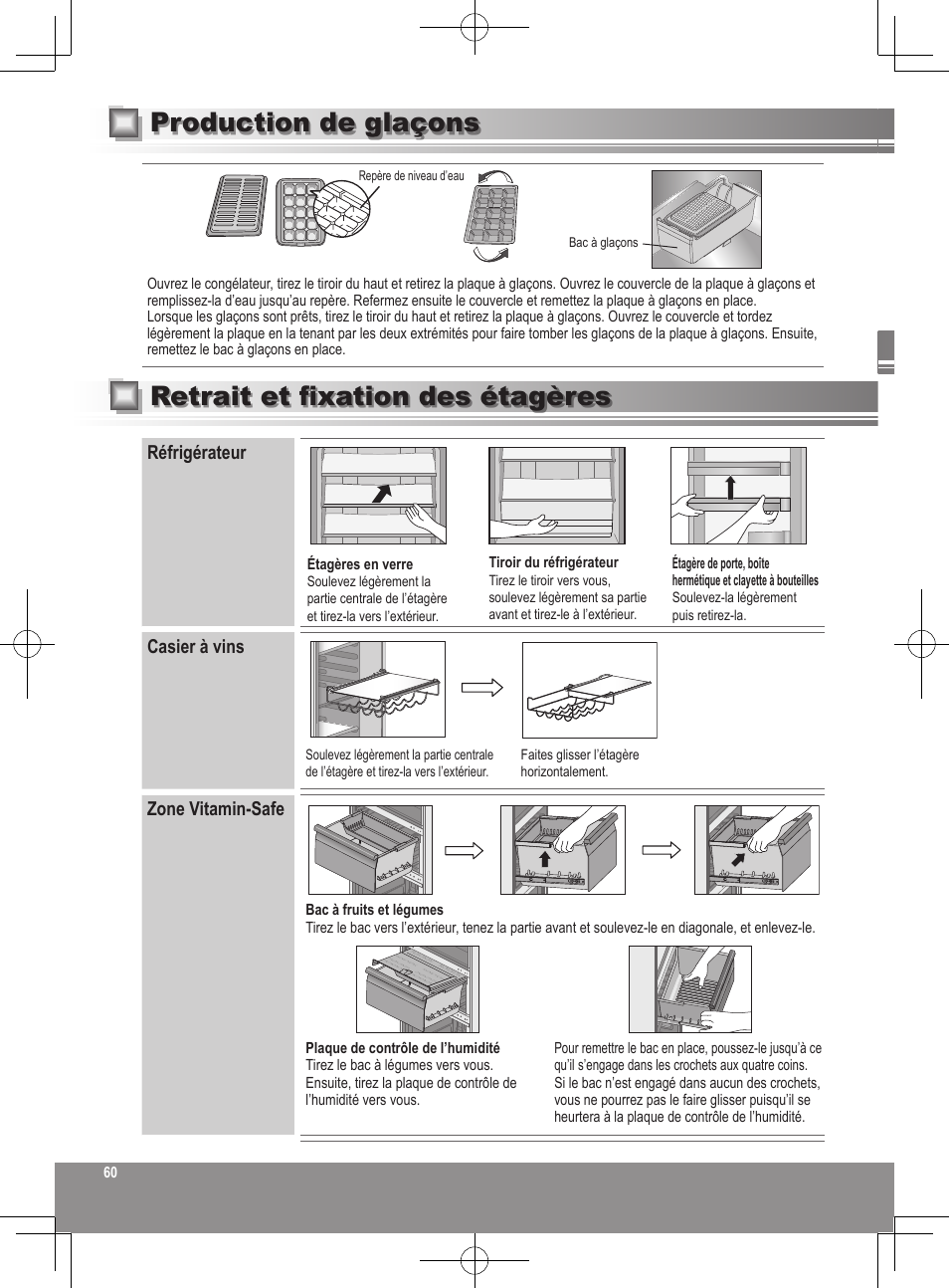 Production de glaçons, Retrait et fixation des étagères, Réfrigérateur casier à vins zone vitamin-safe | Panasonic NRB32FX2 User Manual | Page 60 / 180