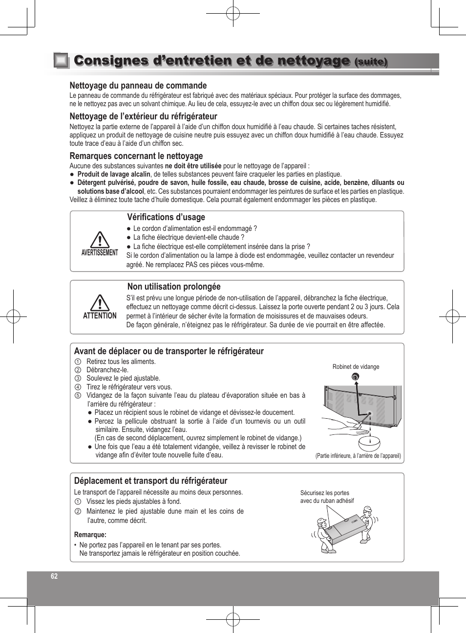 Consignes d’entretien et de nettoyage | Panasonic NRB32FX2 User Manual | Page 62 / 180