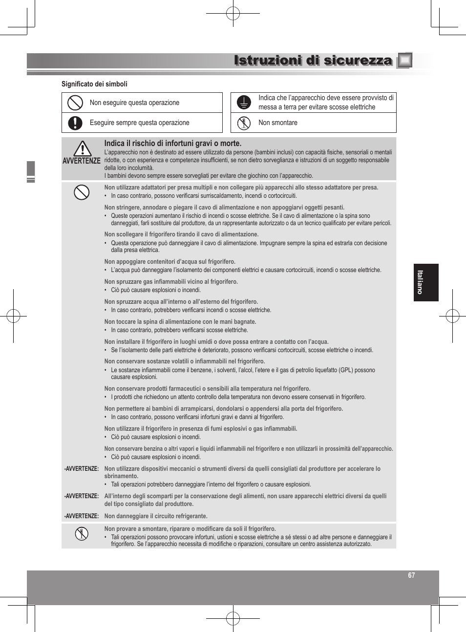 Istruzioni di sicurezza | Panasonic NRB32FX2 User Manual | Page 67 / 180