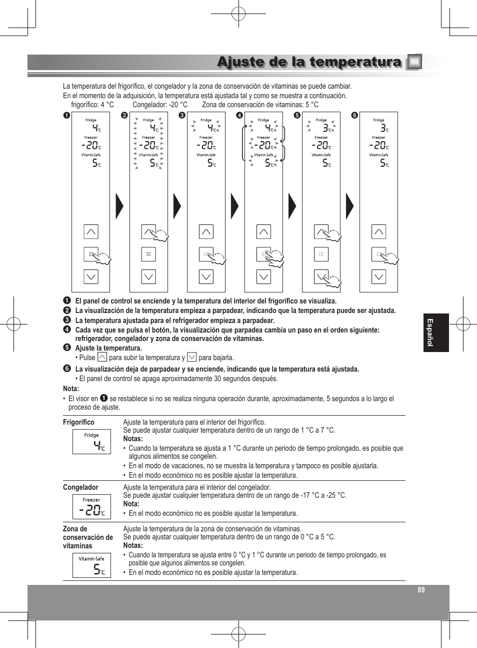 Ajuste de la temperatura | Panasonic NRB32FX2 User Manual | Page 89 / 180