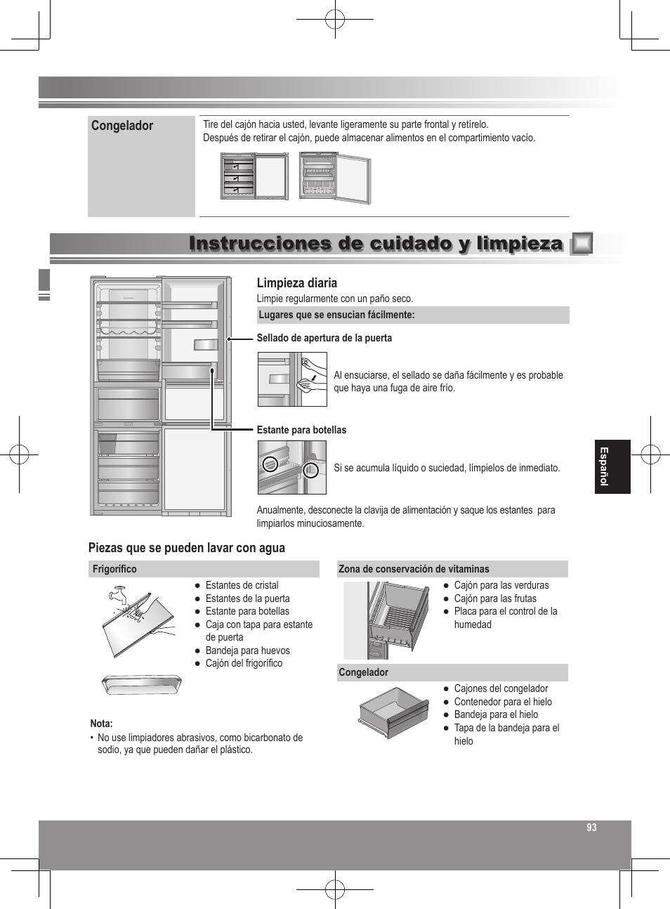 Instrucciones de cuidado y limpieza, Congelador, Limpieza diaria | Piezas que se pueden lavar con agua | Panasonic NRB32FX2 User Manual | Page 93 / 180