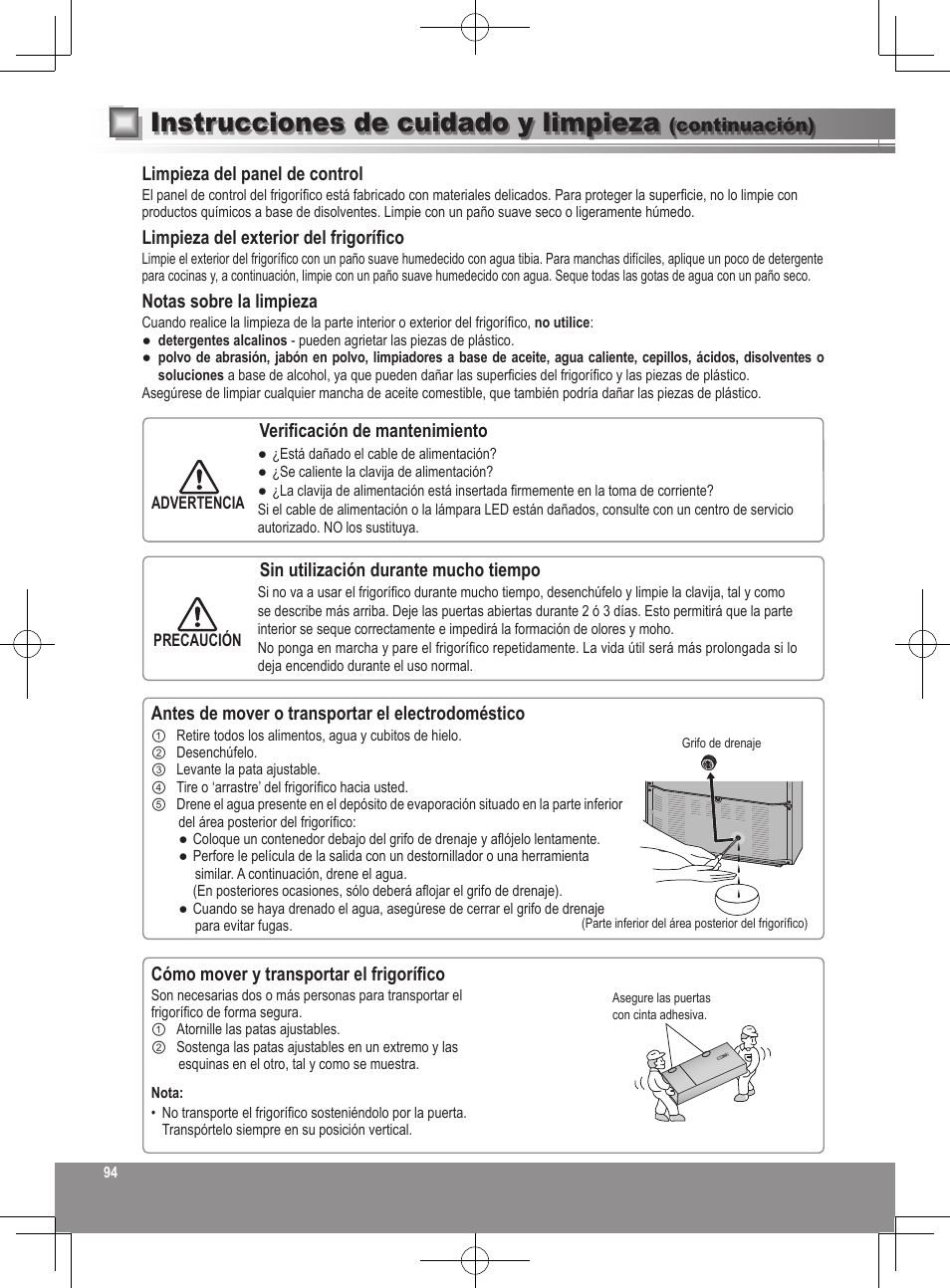 Instrucciones de cuidado y limpieza | Panasonic NRB32FX2 User Manual | Page 94 / 180