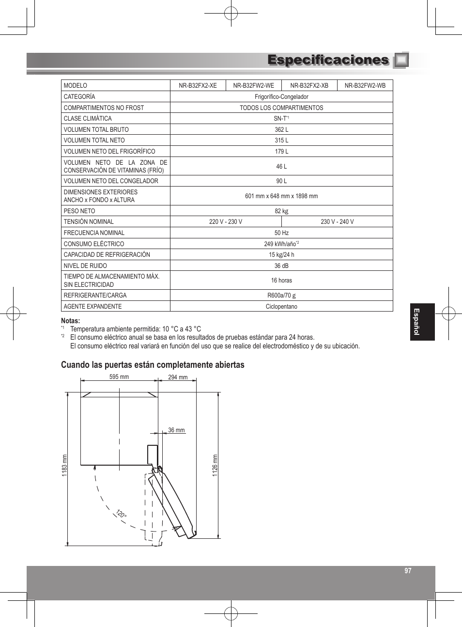 Especificaciones, Cuando las puertas están completamente abiertas | Panasonic NRB32FX2 User Manual | Page 97 / 180