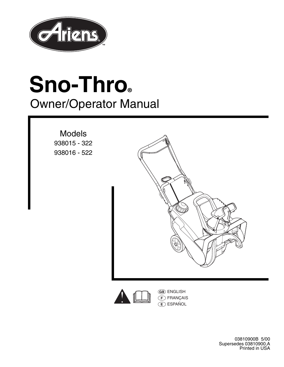 Ariens SNO-THRO 938016 - 522 User Manual | 20 pages