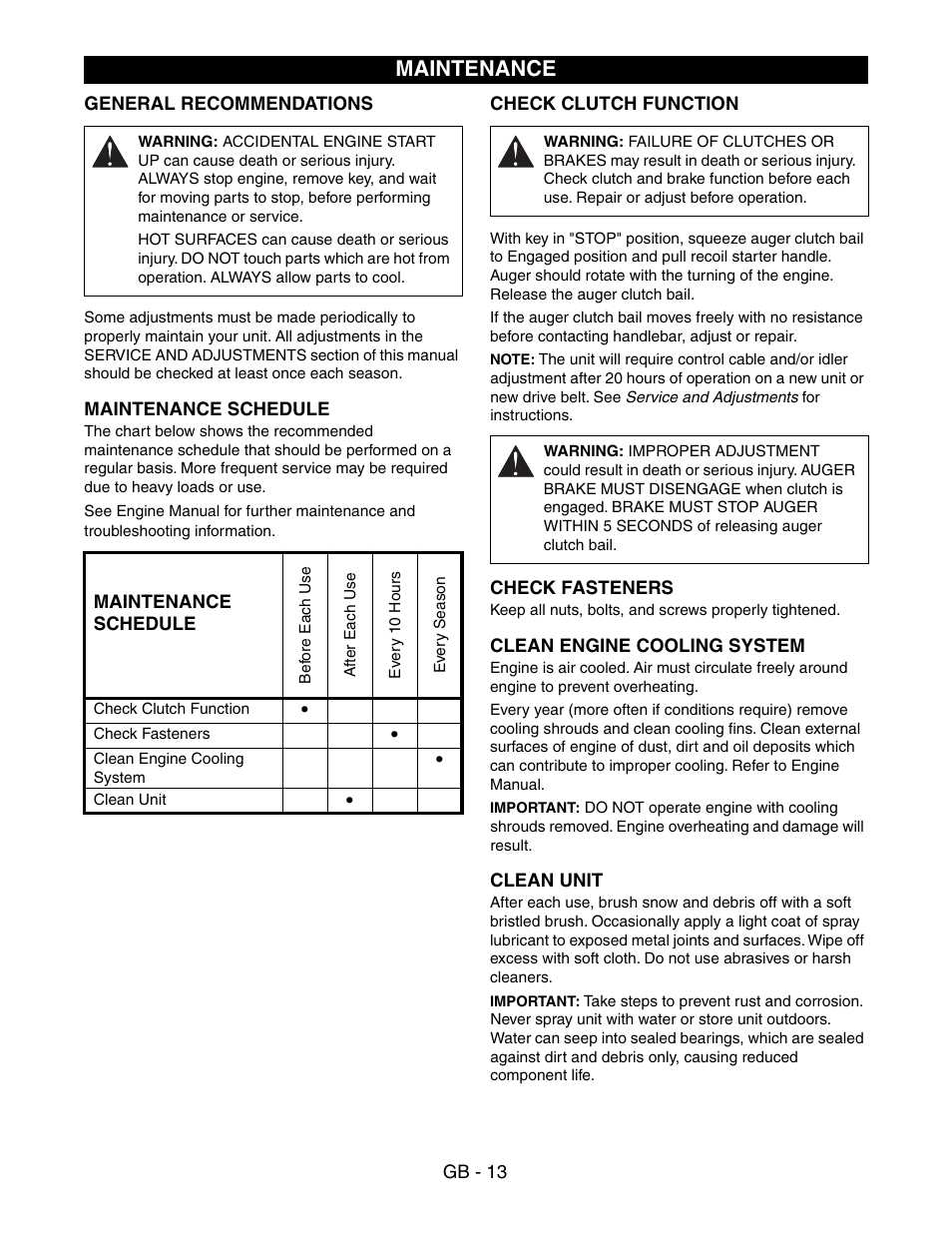 Maintenance | Ariens SNO-THRO 938016 - 522 User Manual | Page 13 / 20