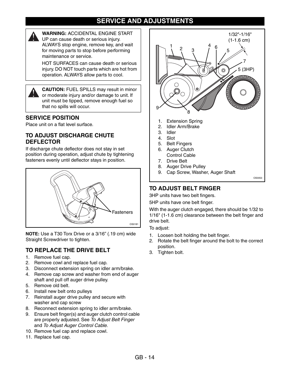 Service and adjustments | Ariens SNO-THRO 938016 - 522 User Manual | Page 14 / 20