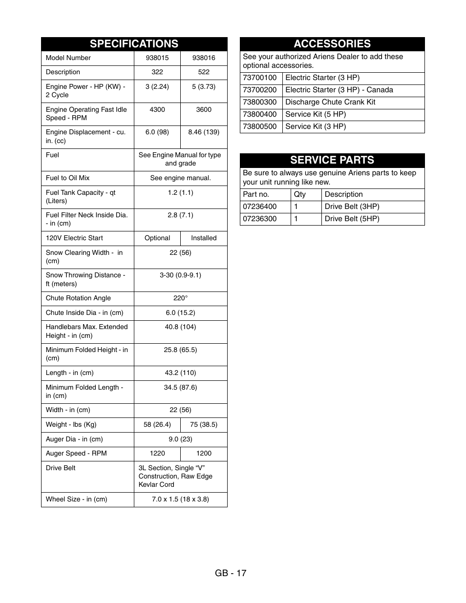 Specifications, Accessories, Service parts | Ariens SNO-THRO 938016 - 522 User Manual | Page 17 / 20