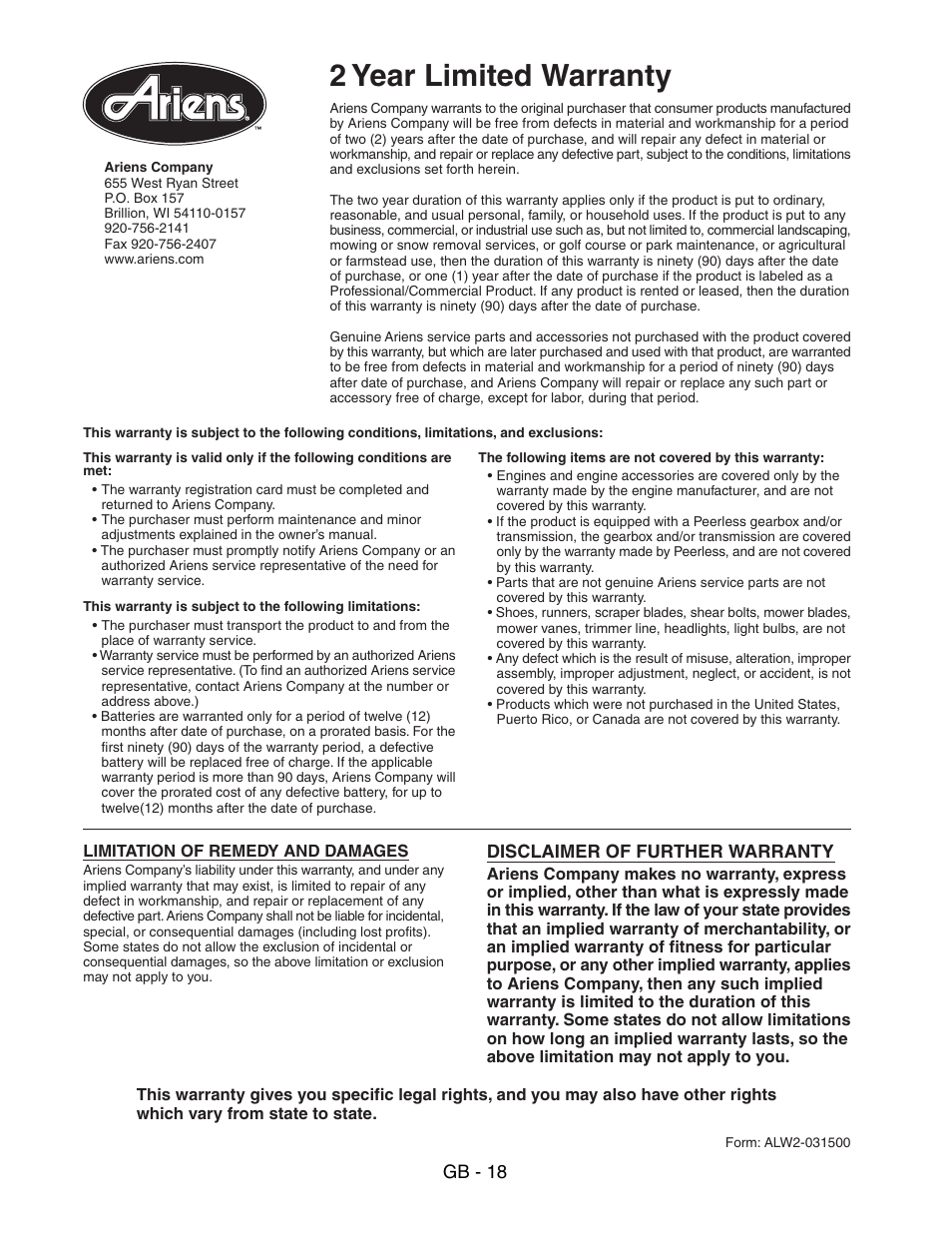 2 year limited warranty, Gb - 18, Disclaimer of further warranty | Ariens SNO-THRO 938016 - 522 User Manual | Page 18 / 20