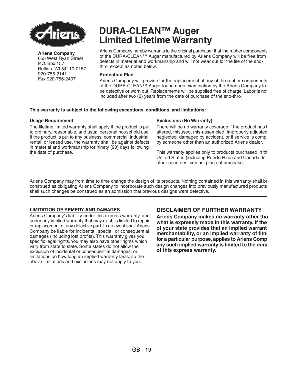 Dura-clean™ auger limited lifetime warranty | Ariens SNO-THRO 938016 - 522 User Manual | Page 19 / 20