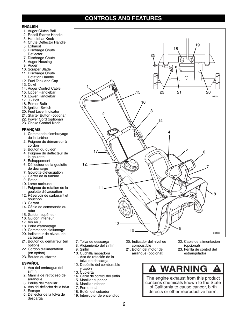Warning, Controls and features | Ariens SNO-THRO 938016 - 522 User Manual | Page 2 / 20