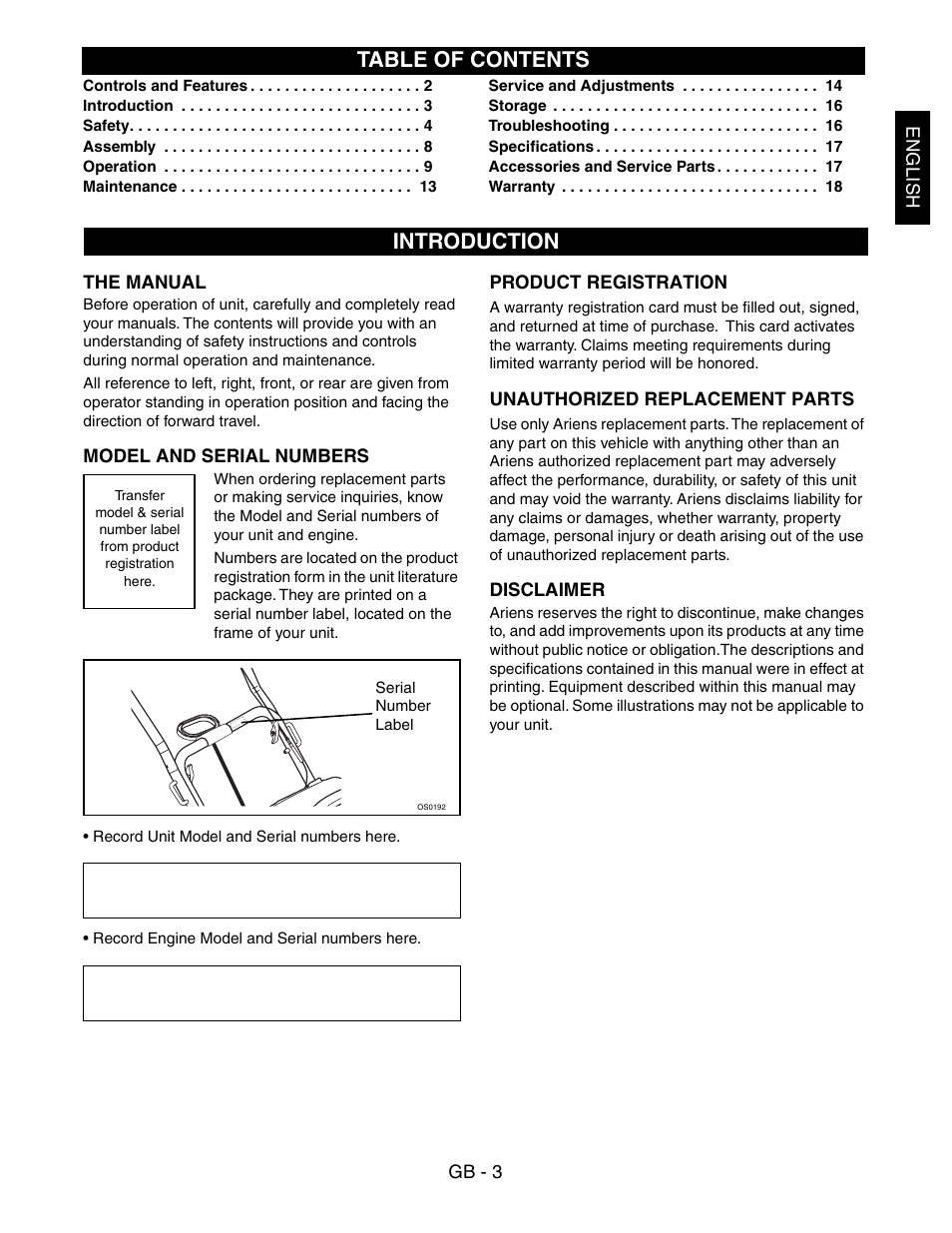 Introduction table of contents | Ariens SNO-THRO 938016 - 522 User Manual | Page 3 / 20