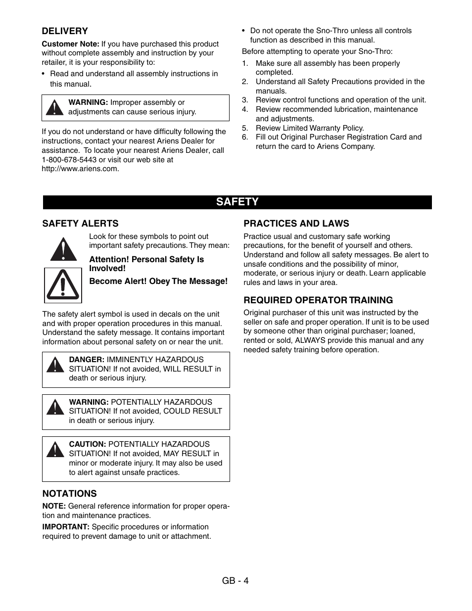 Safety | Ariens SNO-THRO 938016 - 522 User Manual | Page 4 / 20