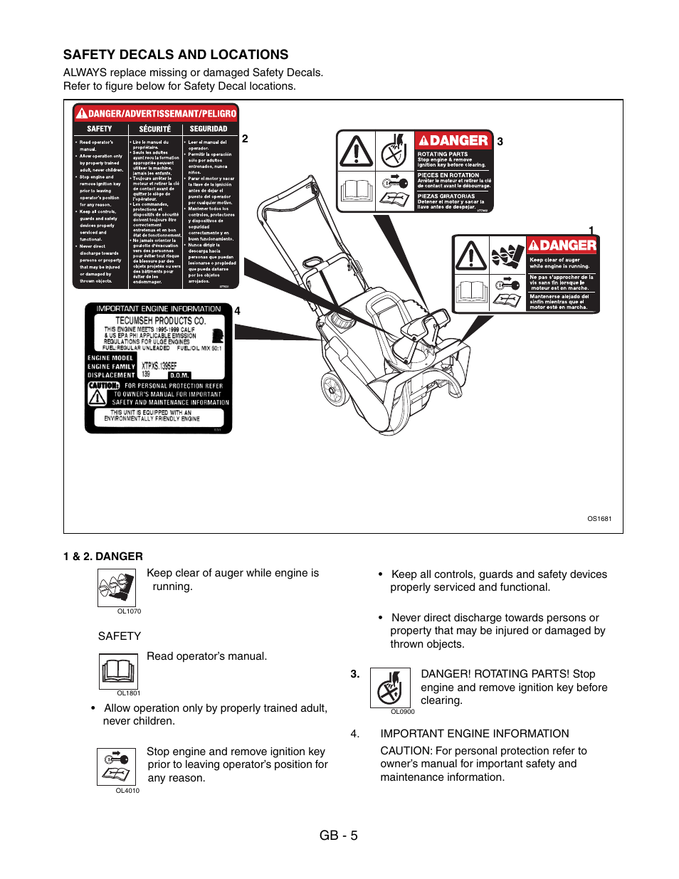 Gb - 5 safety decals and locations | Ariens SNO-THRO 938016 - 522 User Manual | Page 5 / 20