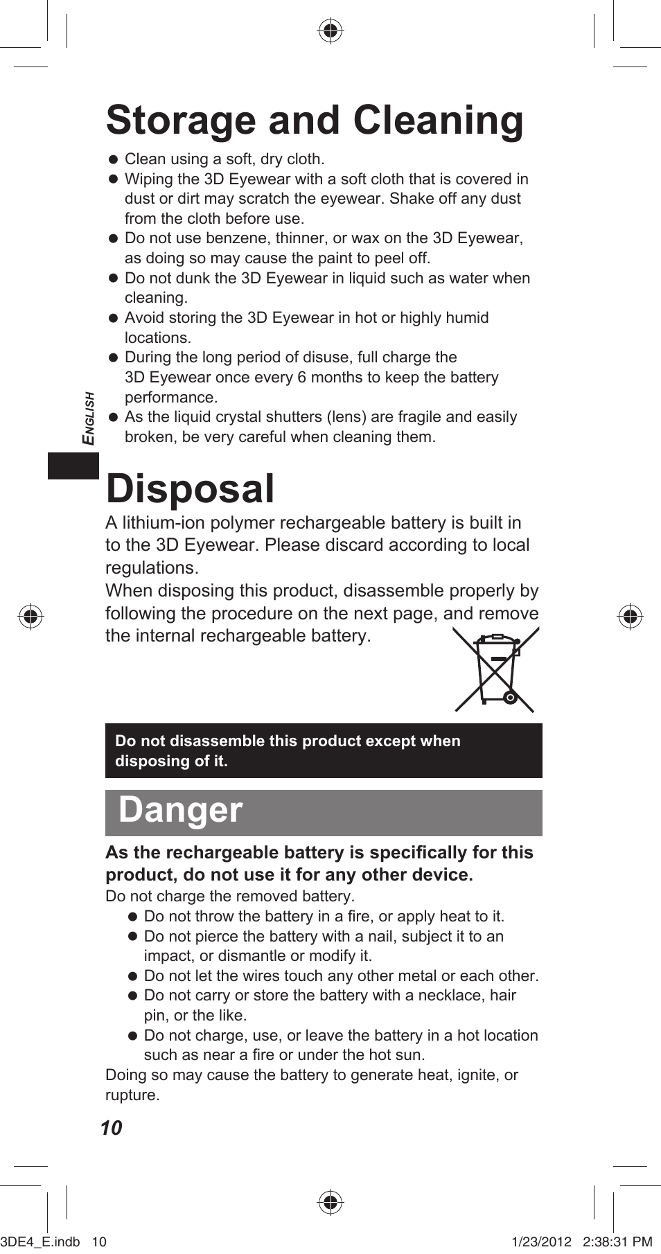 Storage and cleaning, Disposal, Danger | Panasonic TYER3D4SE User Manual | Page 10 / 248