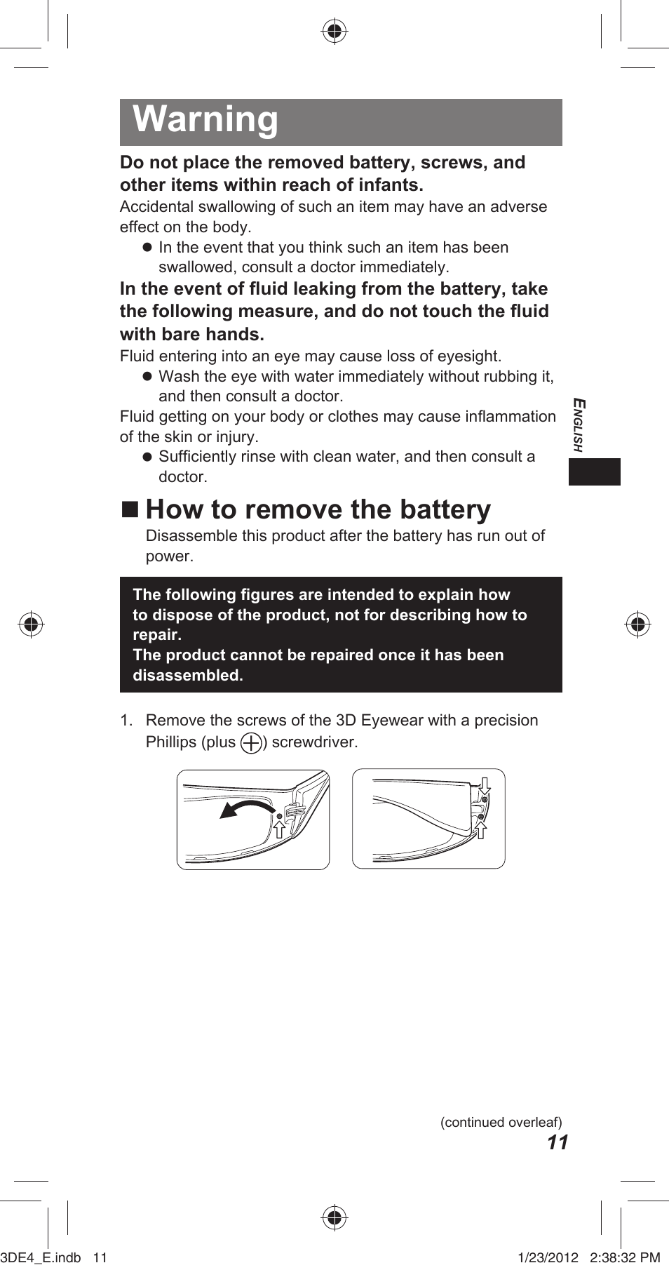 Warning, How to remove the battery | Panasonic TYER3D4SE User Manual | Page 11 / 248