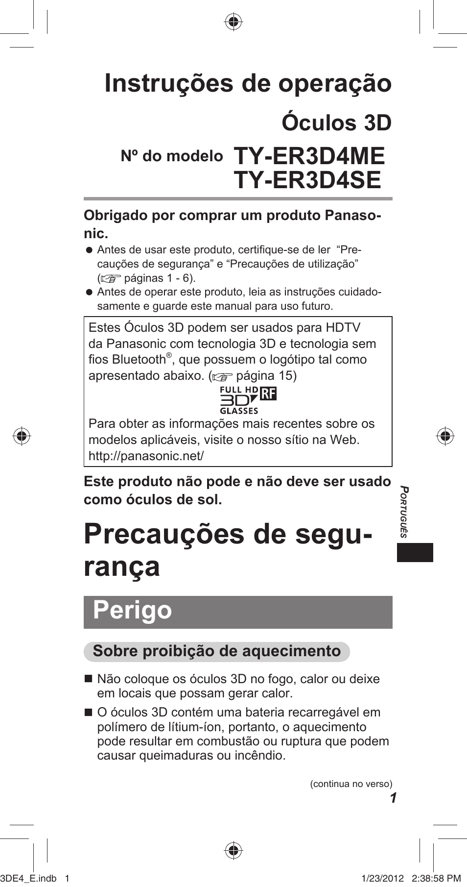 Precauções de segu- rança, Instruções de operação, Perigo | Ty-er3d4me ty-er3d4se, Óculos 3d | Panasonic TYER3D4SE User Manual | Page 113 / 248