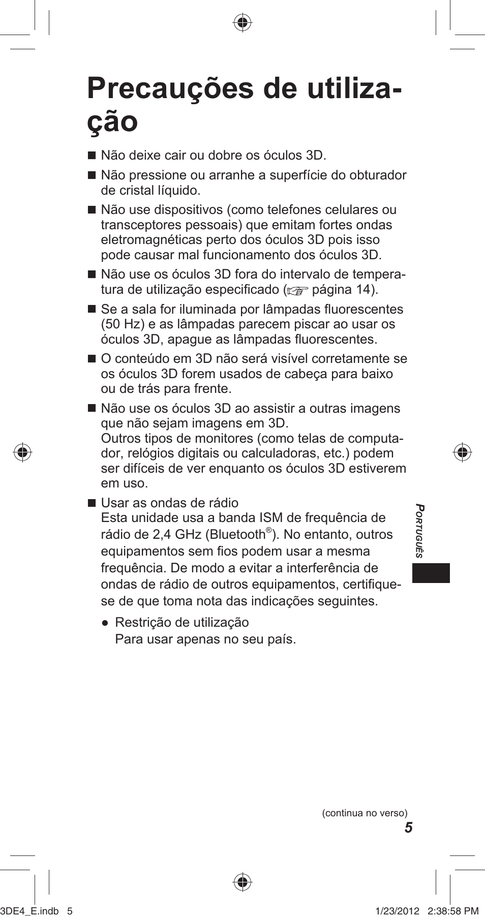 Precauções de utiliza- ção | Panasonic TYER3D4SE User Manual | Page 117 / 248