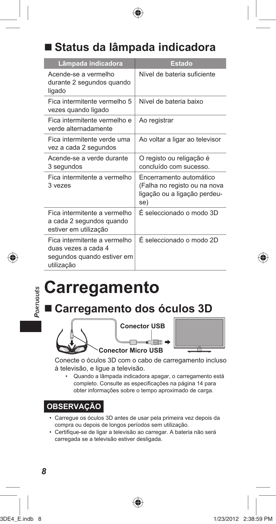 Carregamento, Status da lâmpada indicadora, Carregamento dos óculos 3d | Panasonic TYER3D4SE User Manual | Page 120 / 248