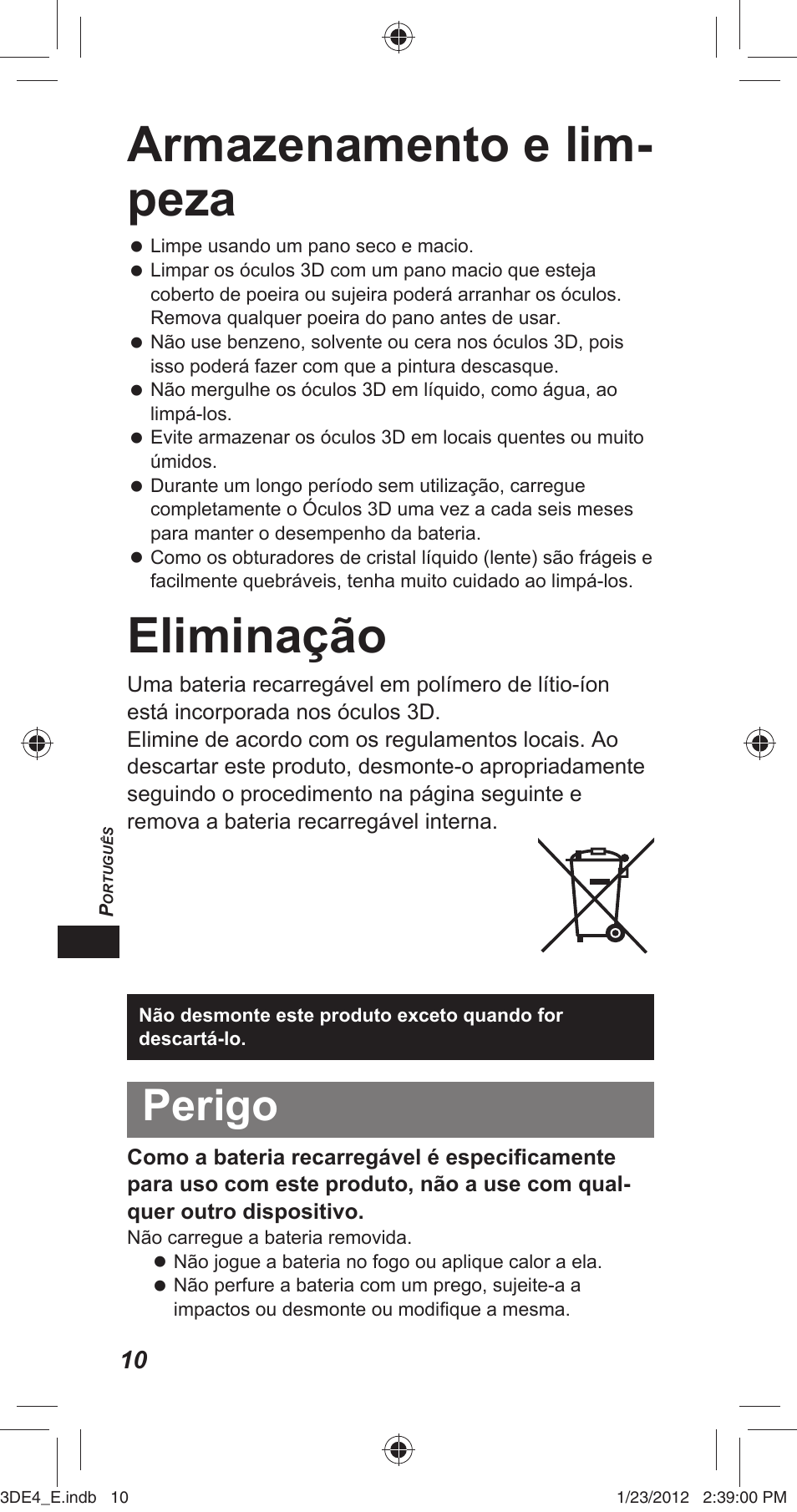 Armazenamento e lim- peza, Eliminação, Perigo | Panasonic TYER3D4SE User Manual | Page 122 / 248