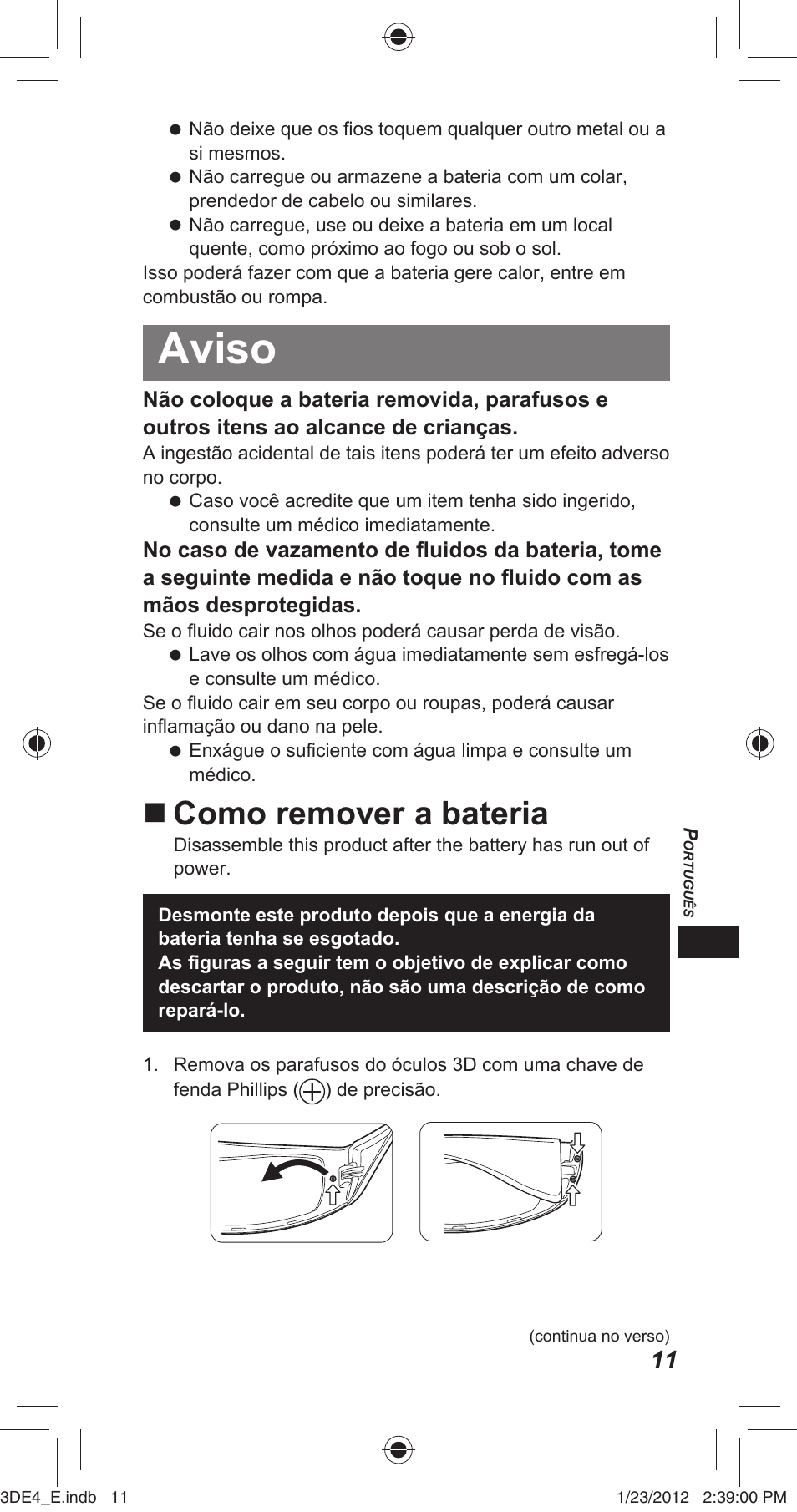 Aviso, Como remover a bateria | Panasonic TYER3D4SE User Manual | Page 123 / 248