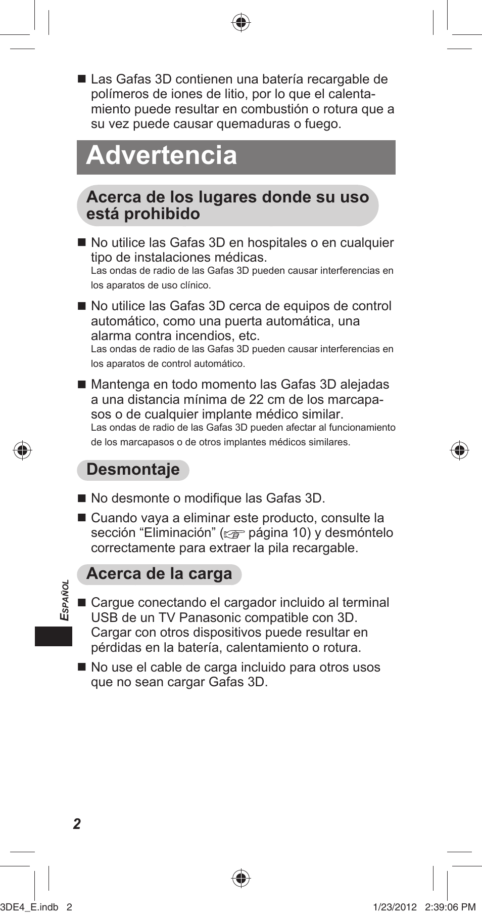 Advertencia, Acerca de los lugares donde su uso está prohibido, Desmontaje | Acerca de la carga | Panasonic TYER3D4SE User Manual | Page 148 / 248