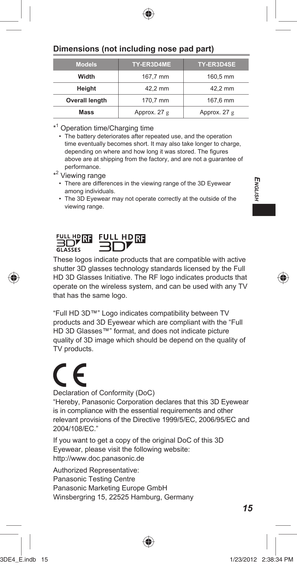 Dimensions (not including nose pad part) | Panasonic TYER3D4SE User Manual | Page 15 / 248