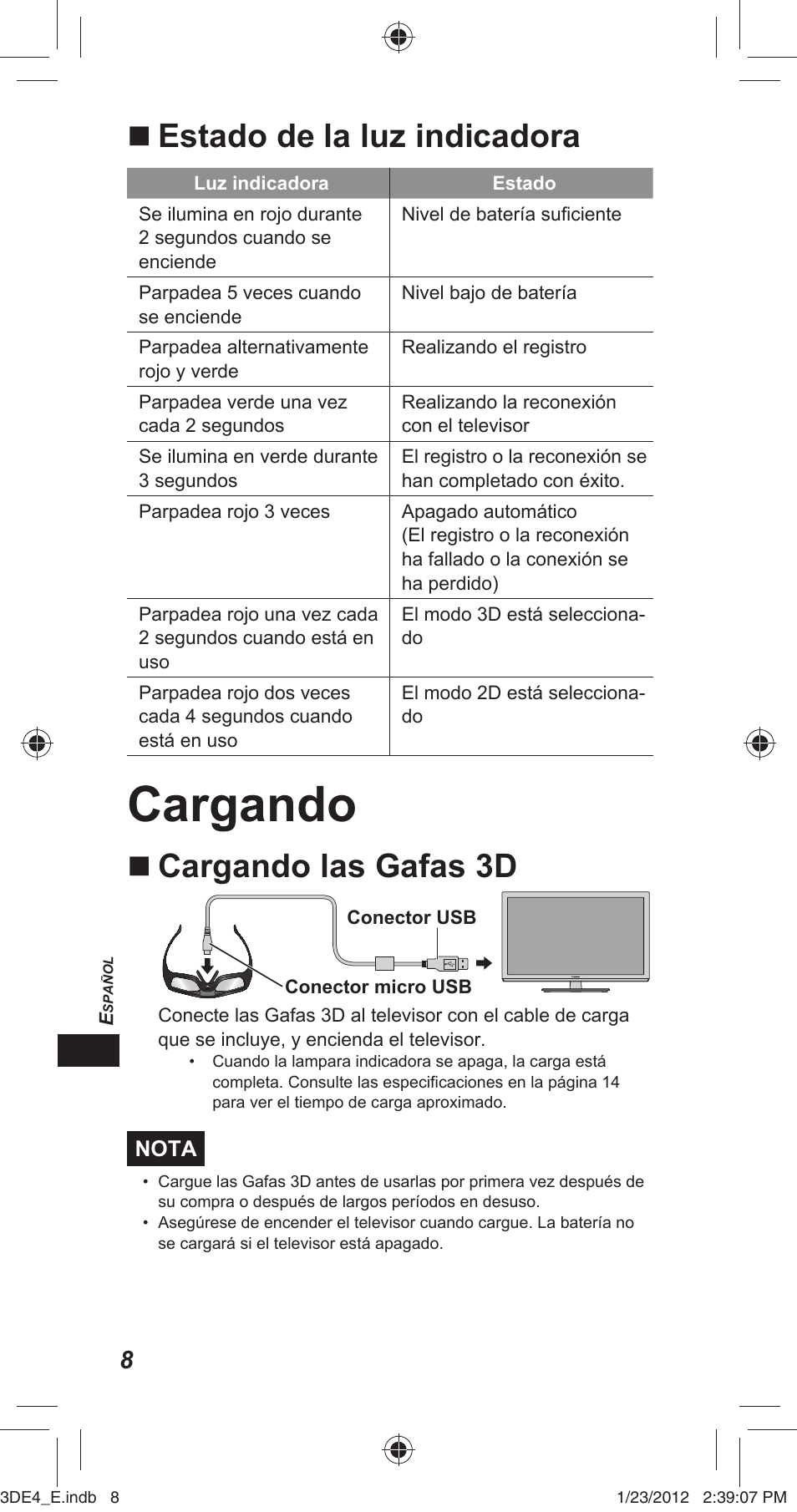 Cargando, Estado de la luz indicadora, Cargando las gafas 3d | Panasonic TYER3D4SE User Manual | Page 154 / 248