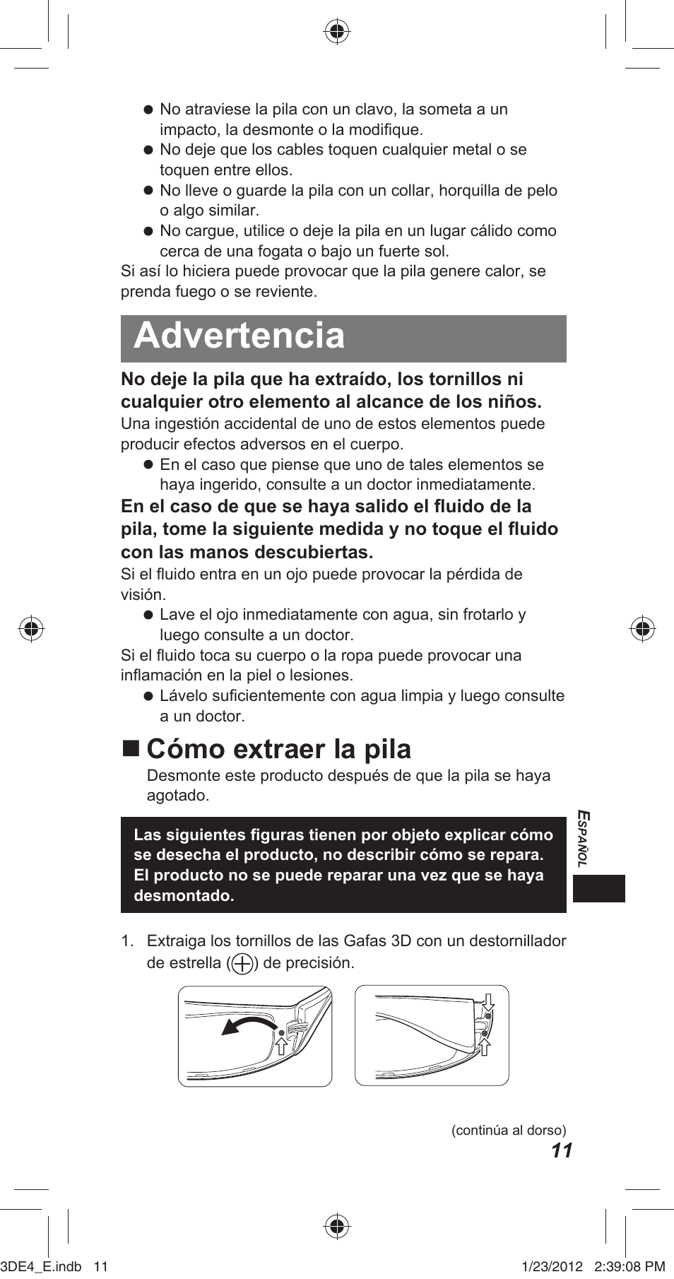 Advertencia, Cómo extraer la pila | Panasonic TYER3D4SE User Manual | Page 157 / 248