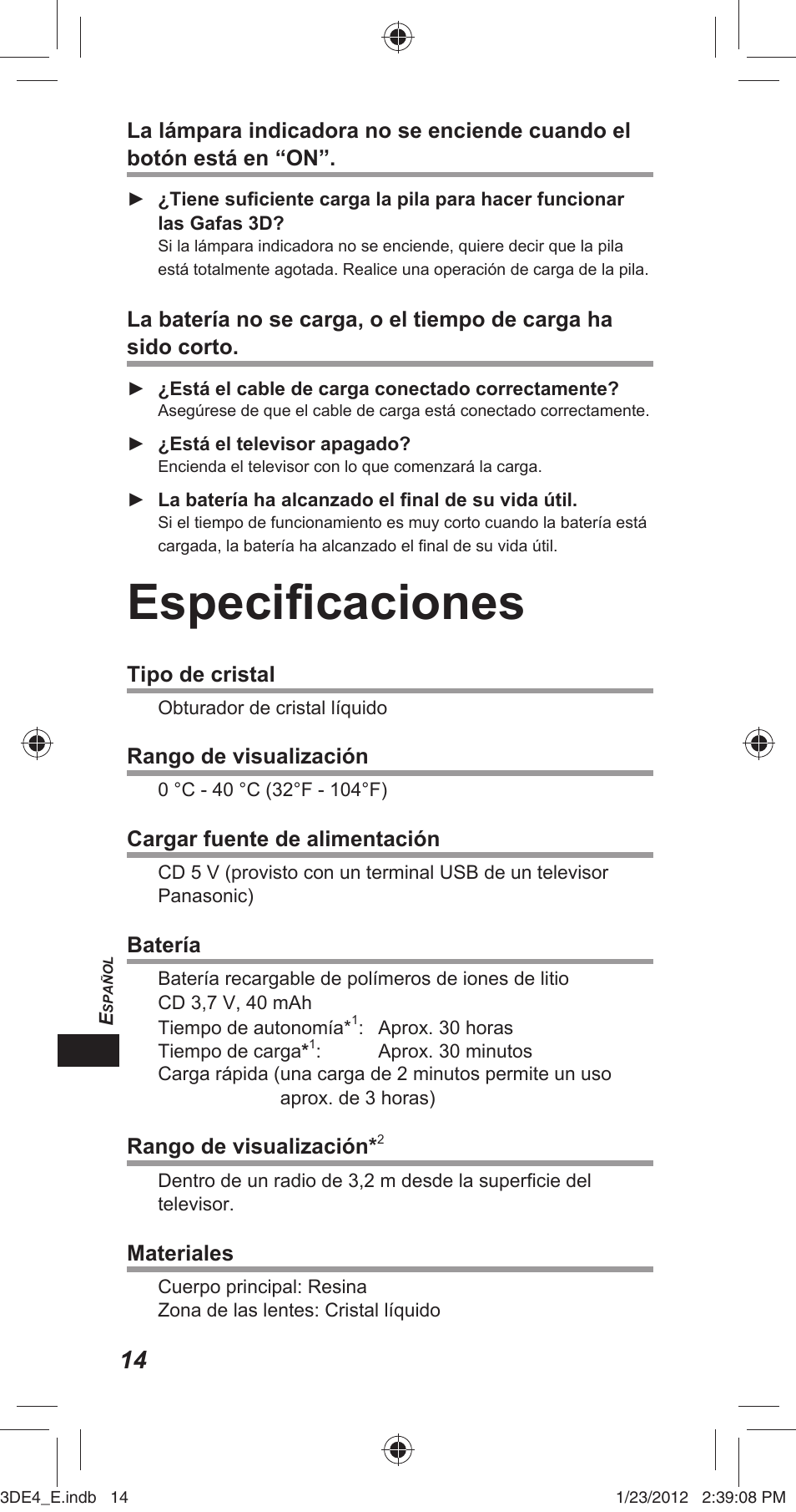 Especifi caciones | Panasonic TYER3D4SE User Manual | Page 160 / 248