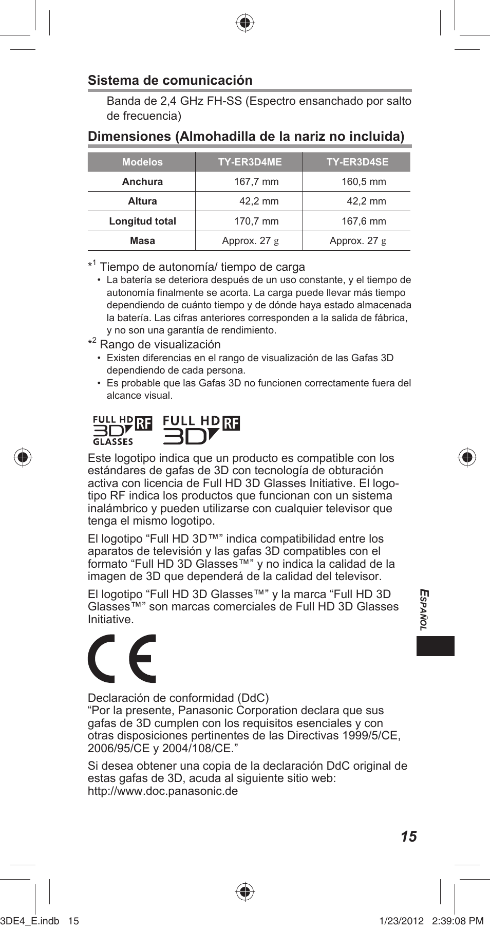 Sistema de comunicación, Dimensiones (almohadilla de la nariz no incluida) | Panasonic TYER3D4SE User Manual | Page 161 / 248