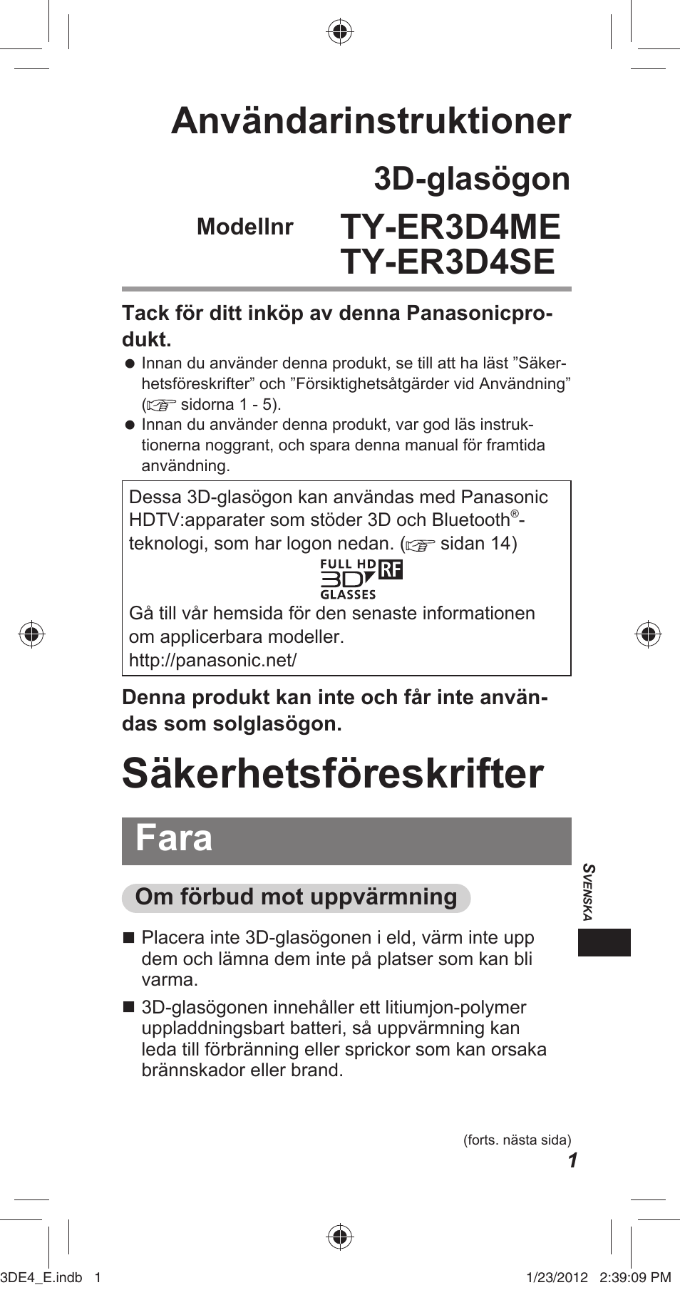 Säkerhetsföreskrifter, Användarinstruktioner, Fara | Ty-er3d4me ty-er3d4se, 3d-glasögon | Panasonic TYER3D4SE User Manual | Page 163 / 248