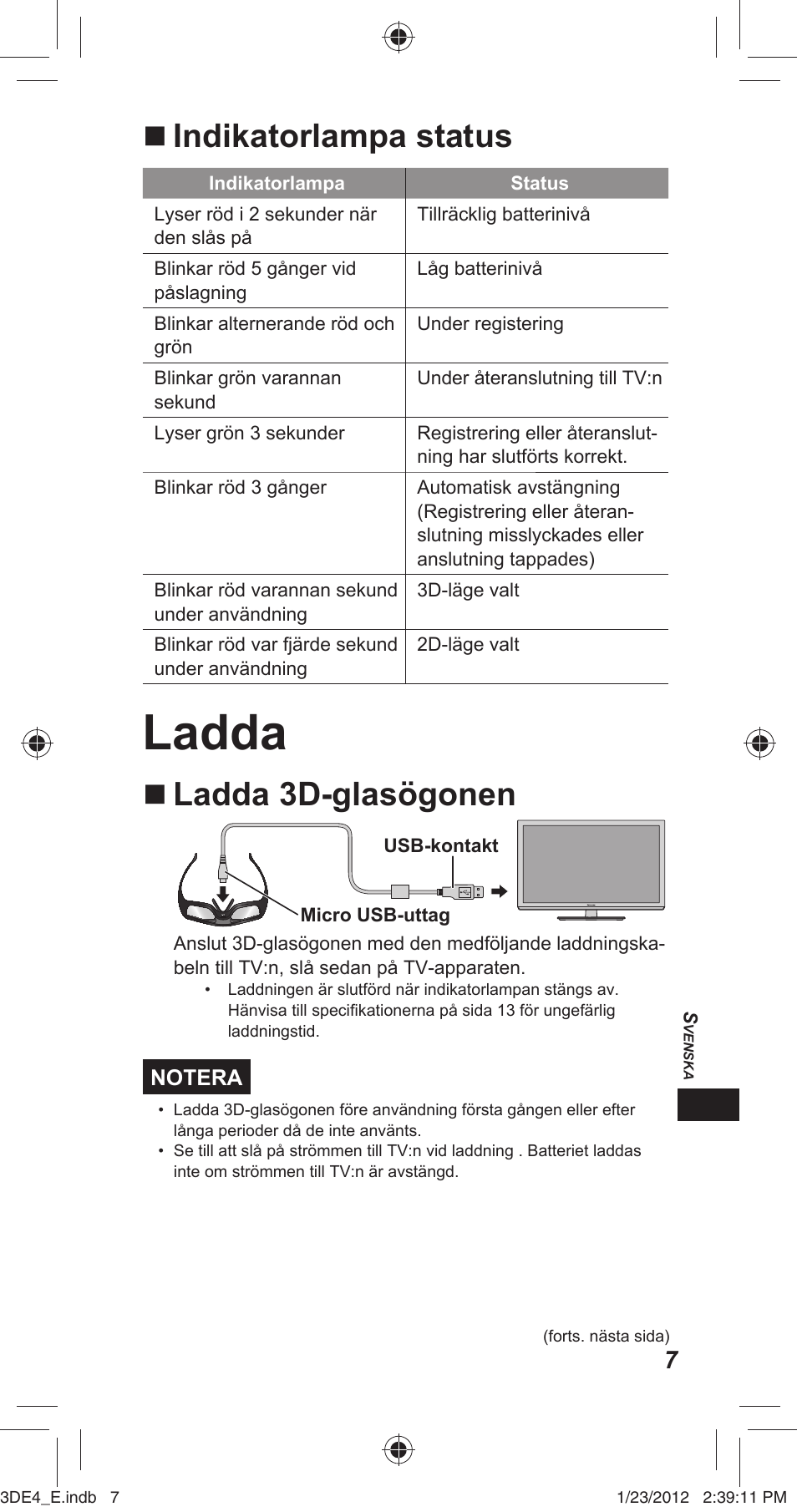 Ladda, Indikatorlampa status, Ladda 3d-glasögonen | Panasonic TYER3D4SE User Manual | Page 169 / 248