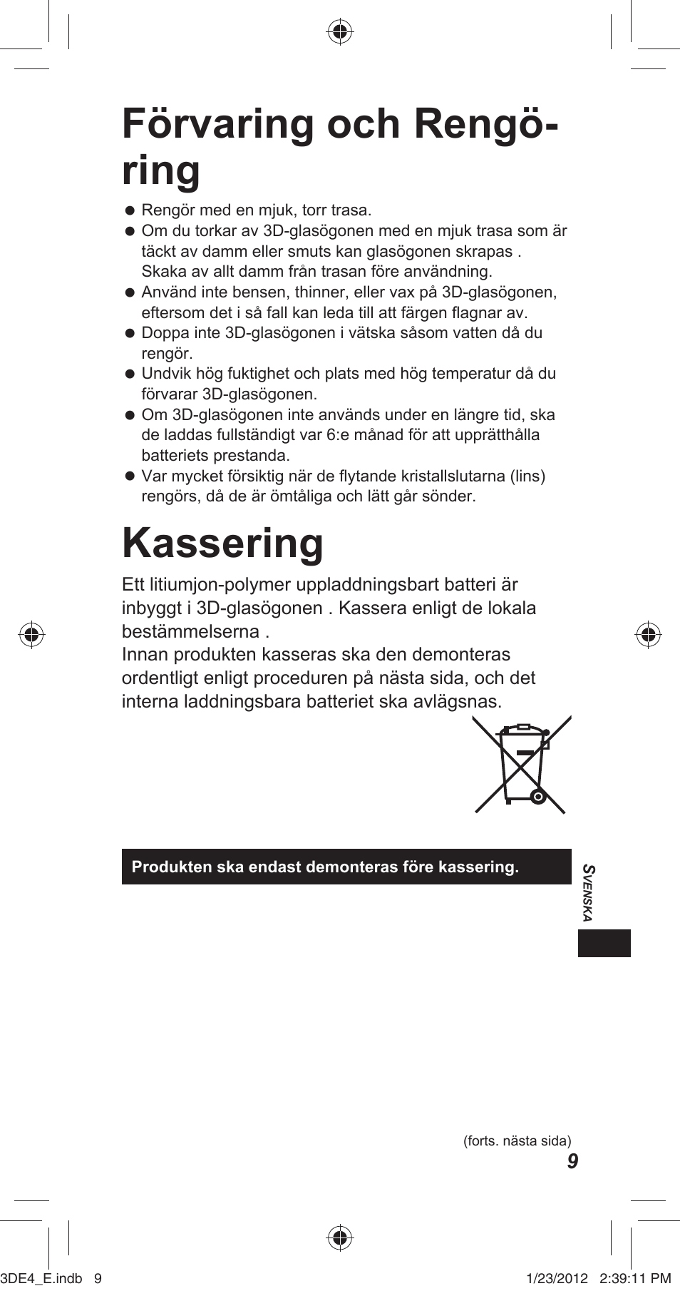 Förvaring och rengö- ring, Kassering | Panasonic TYER3D4SE User Manual | Page 171 / 248