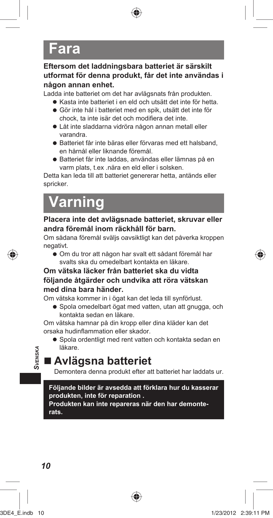 Fara, Varning, Avlägsna batteriet | Panasonic TYER3D4SE User Manual | Page 172 / 248