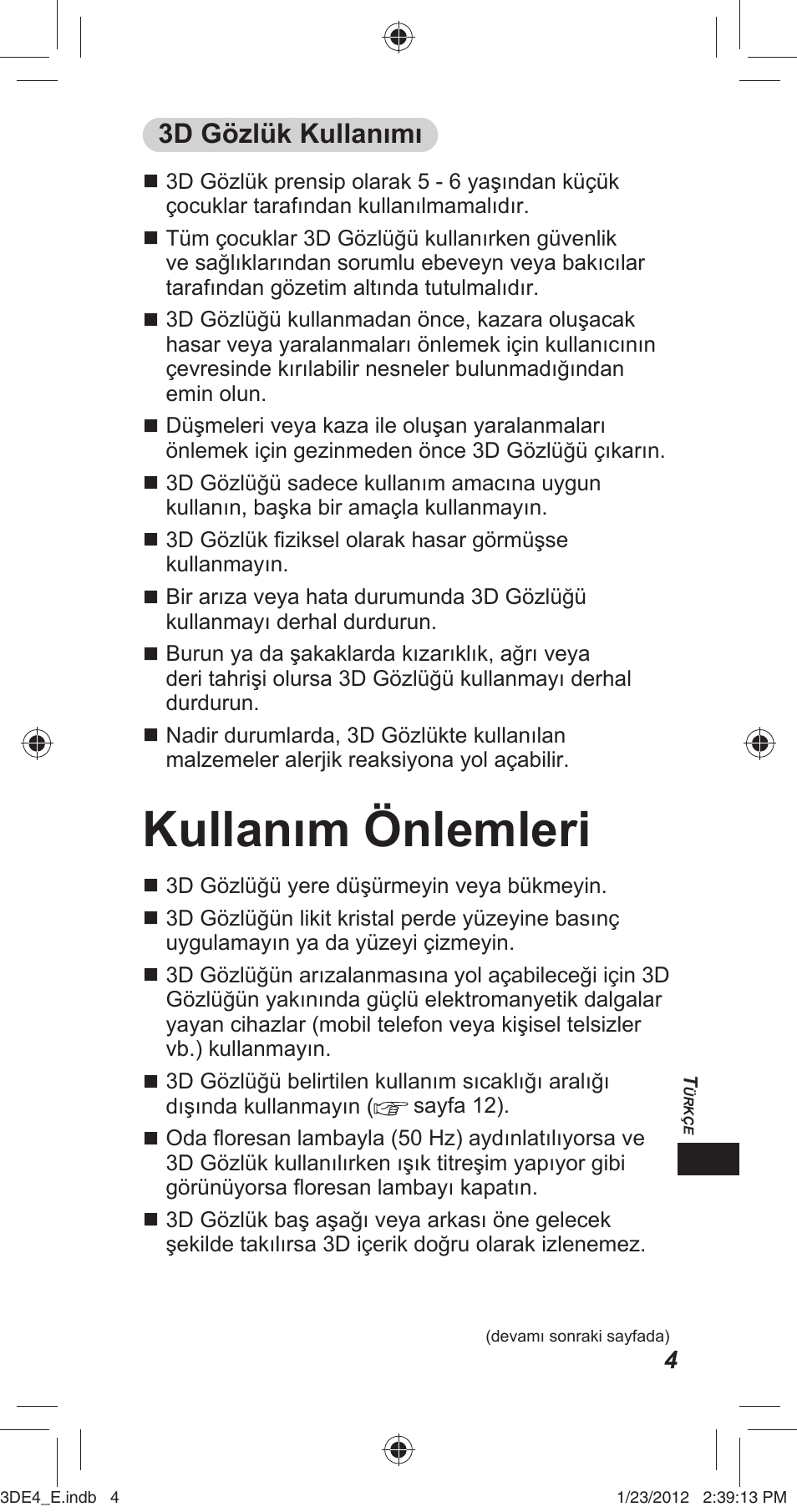 Kullanım önlemleri, 3d gözlük kullanımı | Panasonic TYER3D4SE User Manual | Page 181 / 248