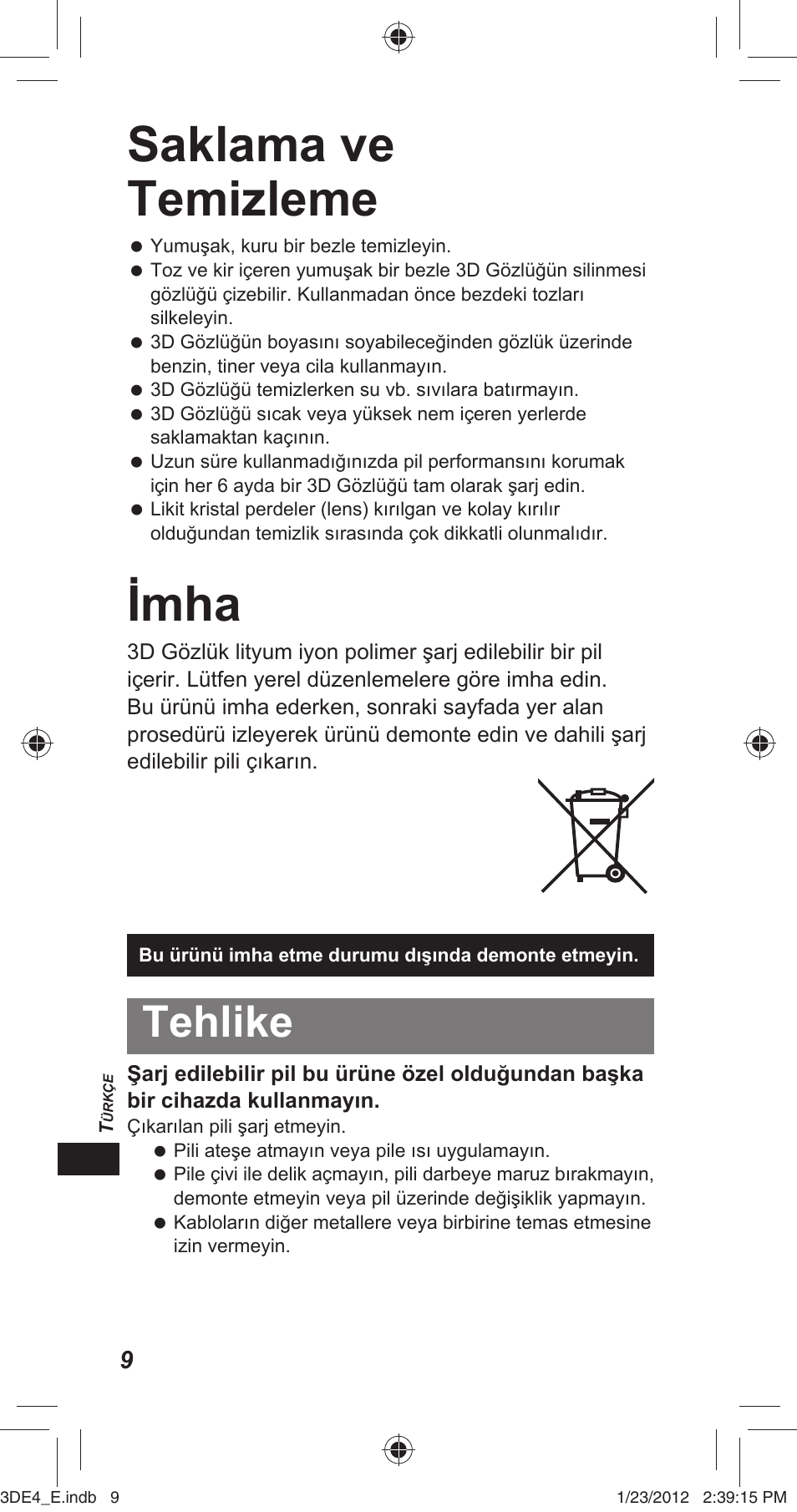 Saklama ve temizleme, Imha, Tehlike | Panasonic TYER3D4SE User Manual | Page 186 / 248