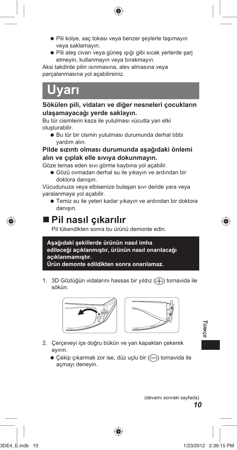 Uyarı, Pil nasıl çıkarılır | Panasonic TYER3D4SE User Manual | Page 187 / 248