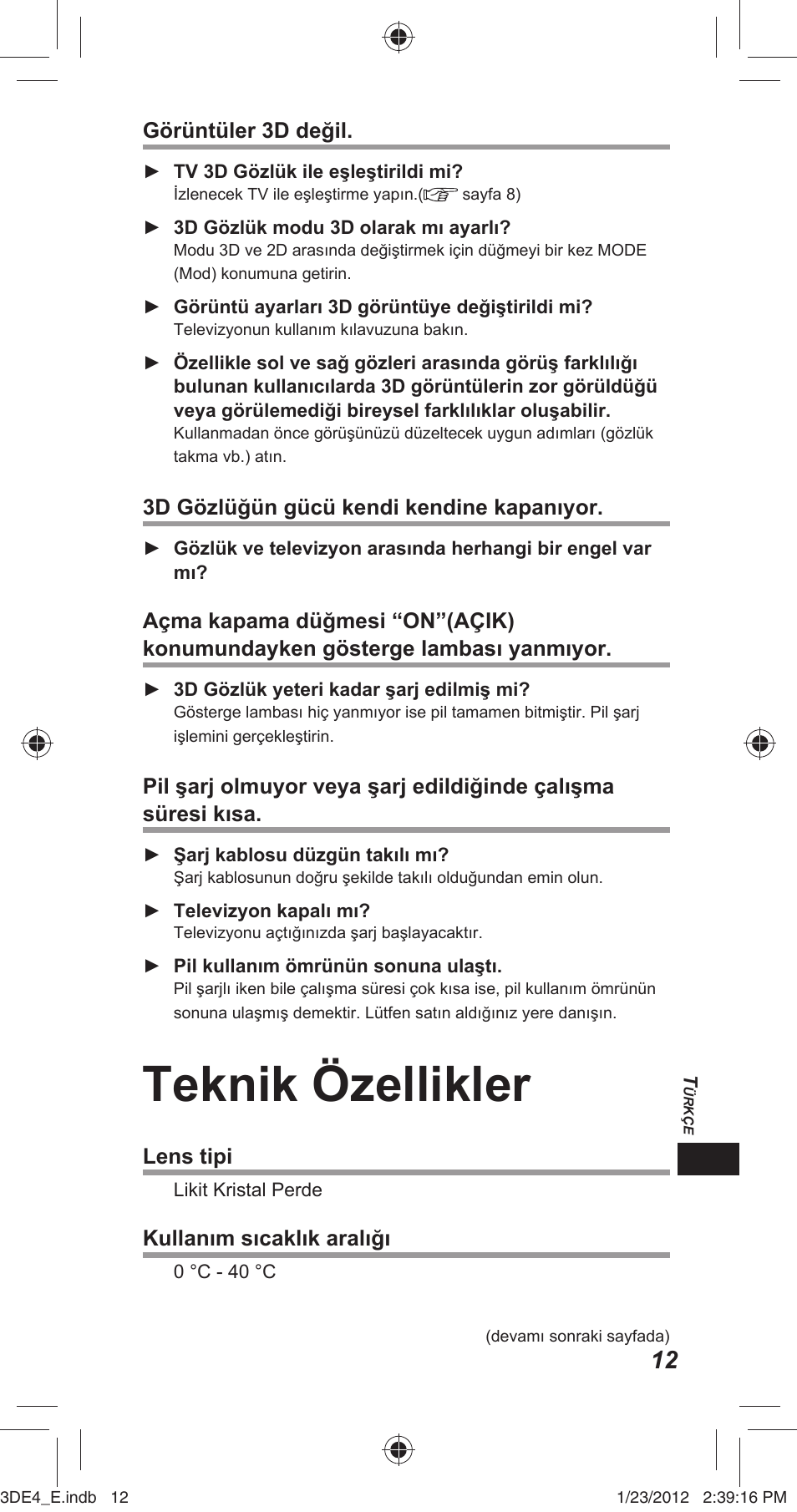 Teknik özellikler | Panasonic TYER3D4SE User Manual | Page 189 / 248