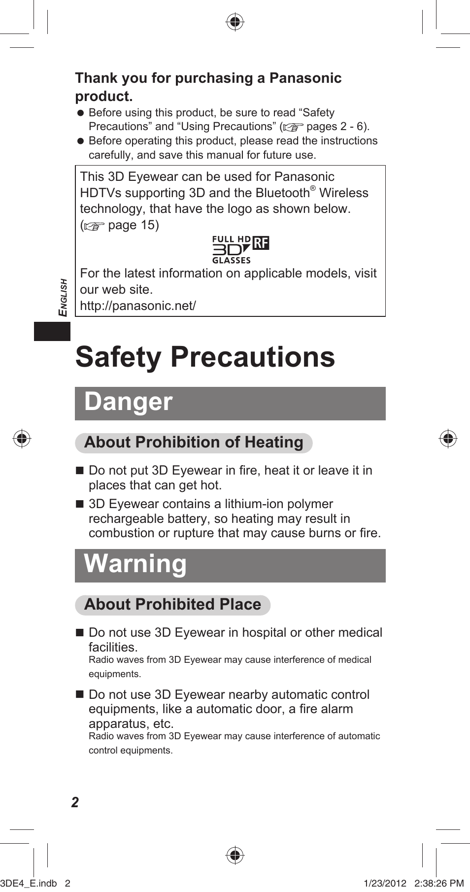 Safety precautions, Danger, Warning | About prohibition of heating, About prohibited place | Panasonic TYER3D4SE User Manual | Page 2 / 248